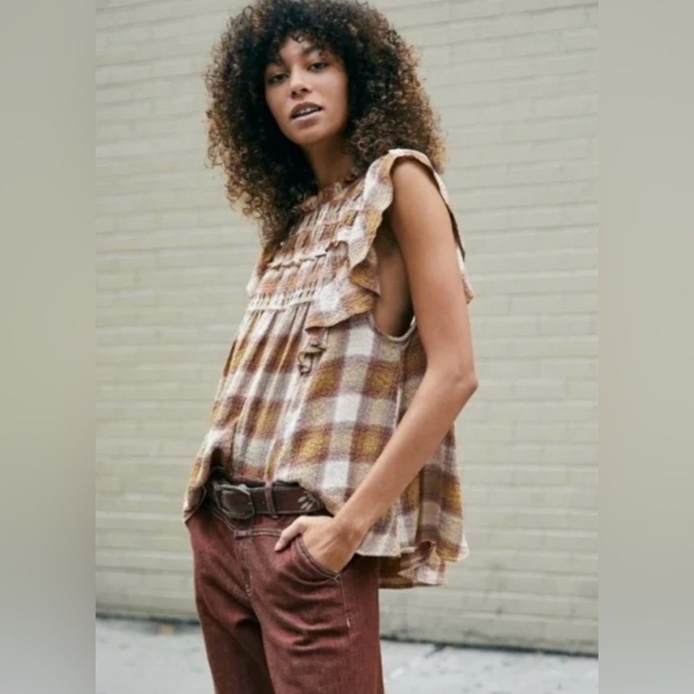 Free People Not Your Average Girl Brown Plaid Ruffle Top in Size XS